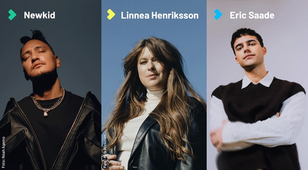 Porträttbilder på artisterna Newkid, Linnea Henriksson och Eric Saade.