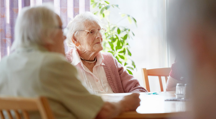 Äldre personer sitter vid ett bord inomhus och samtalar.