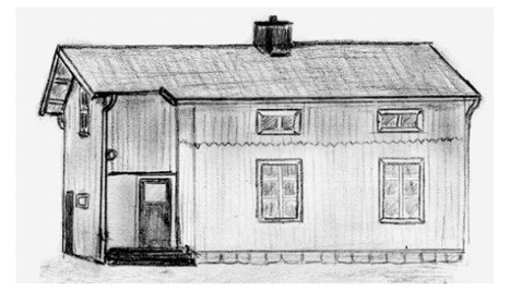 Svartvit teckning på ett litet gammalt hus med två dörrar och flera fönster.