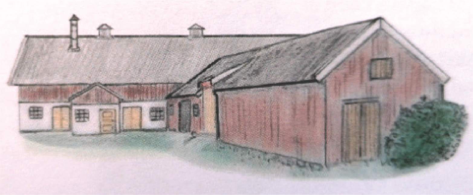 Teckning med dova färger. På teckningen syns en vit och röd lada med fönster och gula dörrar.