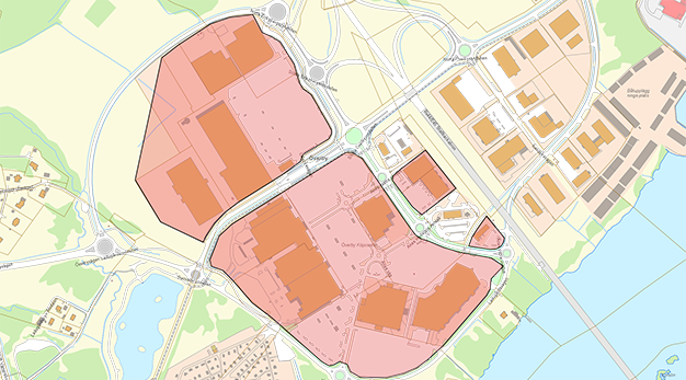 Kartbild över Överby köpcentrum. Förbudet gäller samtliga parkeringar inom det uppmärkta området i rosa färg.