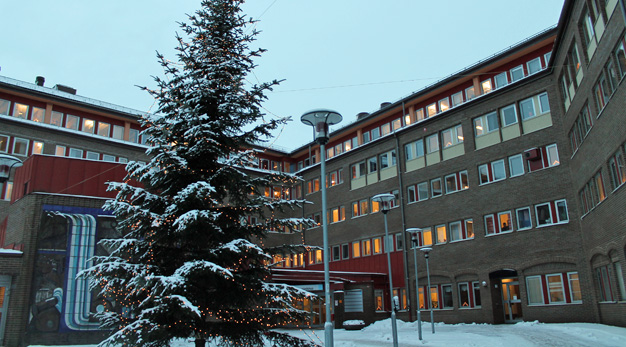 Vinterbild på stadshuset, med julgranen i förgrunden