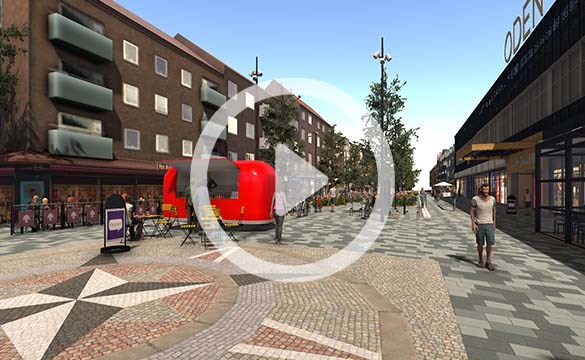 Visionsbild över Kungsgatan 2025 med en playknapp på