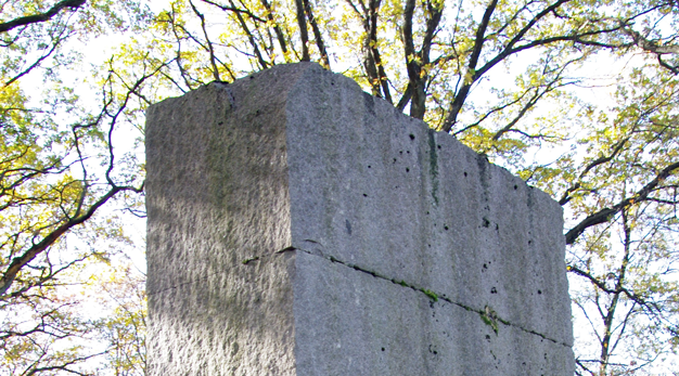 Kvadratisk stor stenskulptur med ek i höstfärger i bakgrunden. 