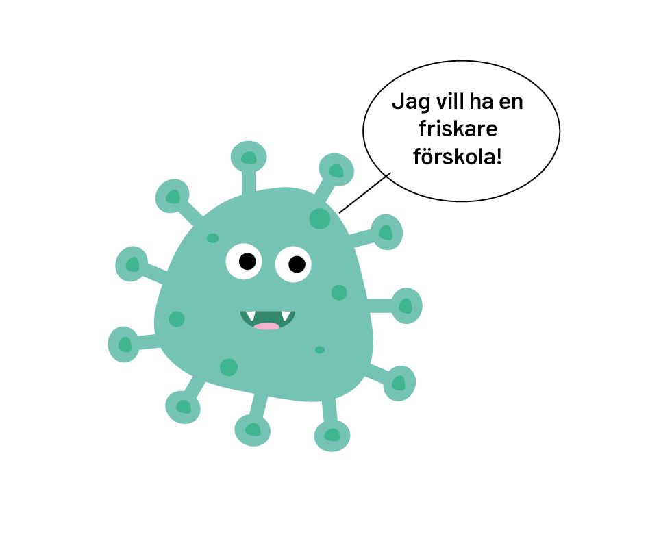 Tecknat grönt virus med pratbubbla och text "Jag vill ha en friskare förskola!"