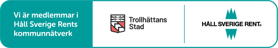 Logotyp där det står "Vi är medlemmar i Håll Sverige Rents kommunnätverk" följt av logotyp för Trollhättans stad och Håll Sverige rent