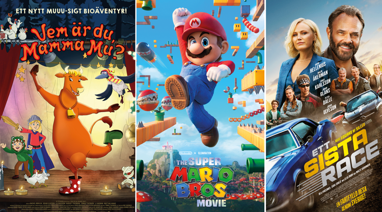 Posters för filmerna Vem är du Mamma mu? Super Mario Bros. Filmen och Ett sista race.