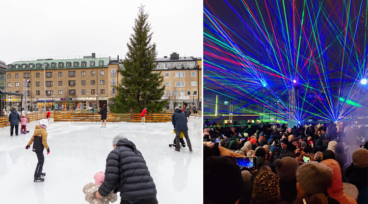 Två bilder. På en bilden åker personer skridskor utuomhus på isbana. På andra bilden tittar folk på lasershow utomhus.