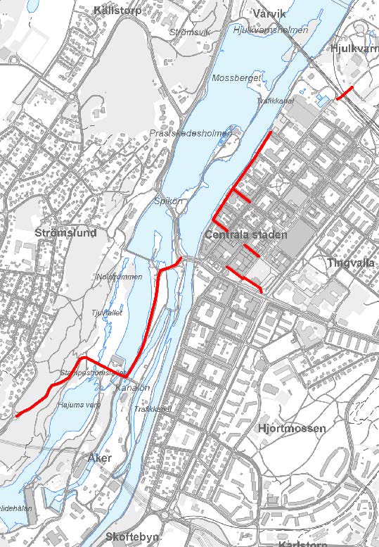 Karta som med rödmarkering visar avstängda gator i centrum under Fallens dagar.