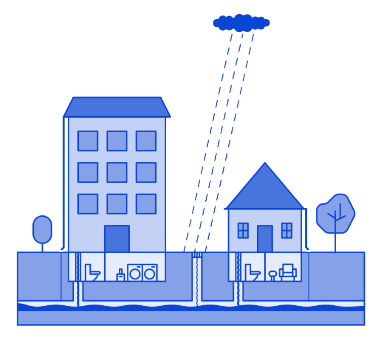 teckning på två hus med ett litet regnmoln