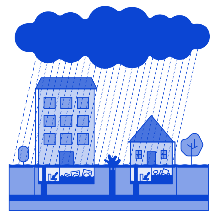 teckning med två hus och ett stort regnmoln ovanför. Man ser att det står vatten i husens källare. 