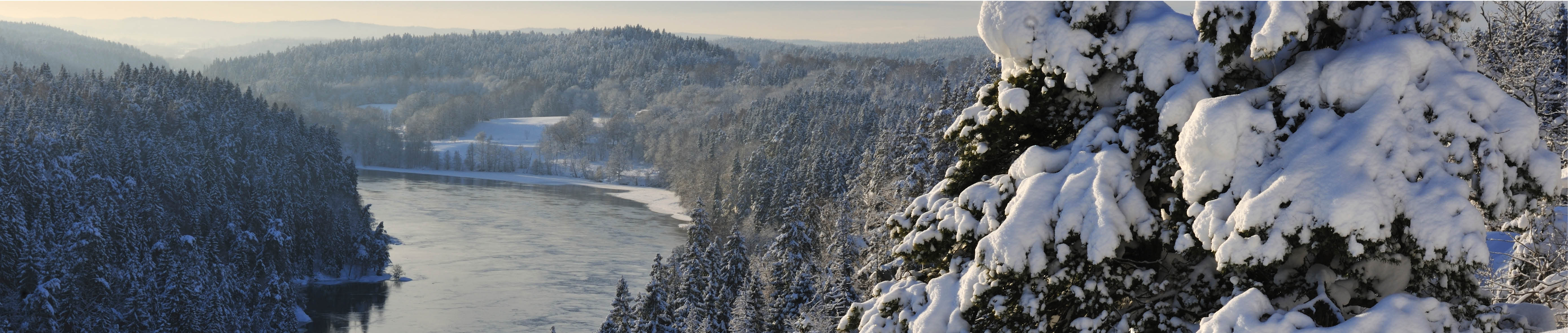 Vintervy över älven och skogen, träden är snötäckta